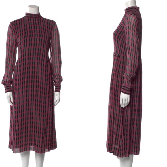 Ganni Dresses & Skirts - GANNI Mock Neck Dress Size 40 Long Sleeves Pleated Midi Plaid Size 10 Pink AA